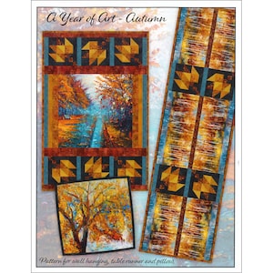 May include: A Year of Art - Autumn pattern for wall hanging, table runner, and pillow. The design features a landscape painting of an autumn scene with trees and a path. The design includes a rectangular wall hanging, a table runner, and a square pillow.