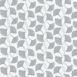 May include: A seamless pattern featuring gray ginkgo leaves on a white background. The leaves are arranged in a repeating pattern, creating a subtle and elegant design.