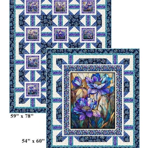 May include: Two quilts with a floral design are displayed. The larger quilt measures 59" x 78", and the smaller one is 54" x 60". The quilts feature a repeating pattern of blue and white geometric shapes and floral centerpieces. The text "Glass Garden" is at the top.