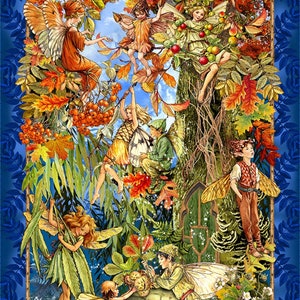 May include: A vibrant illustration of fairies in a forest setting. Fairies with colorful wings are depicted among autumn leaves, berries, and mushrooms. The artwork is framed with a blue floral border, creating a whimsical and enchanting scene.