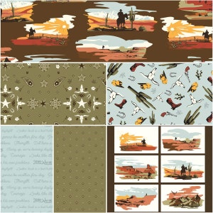 May include: A collection of western-themed fabric patterns. Designs include cowboys on horseback, desert landscapes, paisley, stars, cacti, and text from John Wayne quotes. The color palette features browns, tans, and blues.