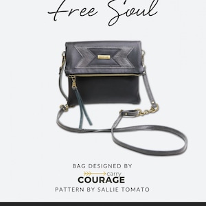 May include: A black leather crossbody bag with a gold chain strap and a green tassel. The bag has a flap closure and a zippered pocket. The bag is designed by Carry Courage and the pattern is by Sallie Tomato.