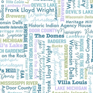 May include: A white background with a word cloud of blue, green, and purple text. The text includes the names of places and things in Wisconsin, such as Devil's Lake, Wisconsin Dells, and the Domes.