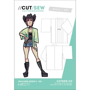 May include: Illustration of a woman in a cowboy hat and a light green jacket, with a pattern for a kimono-style garment. The text reads "//CUT/SEW PATTERNMAKING" and "STYLE // 057". Includes sizes S-3XL. The website is cutsew.co.