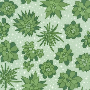 May include: A seamless pattern featuring various green succulent plants on a light green background with white dots. The succulents are drawn in a stylized, cartoon-like manner.
