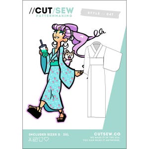 May include: A patternmaking design featuring a cartoon illustration of a woman in a blue kimono with pink heart-shaped patterns, holding a bubble tea. Includes sizes S-3XL. The text reads "//CUT/SEW PATTERNMAKING" and "CUTSEW.CO".