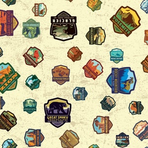 May include: A beige background with a repeating pattern of colorful vintage-style national park badges. Each badge features a different park name, location, and illustration. The badges are in various shapes and sizes, with some featuring animals, mountains, and other natural landmarks.