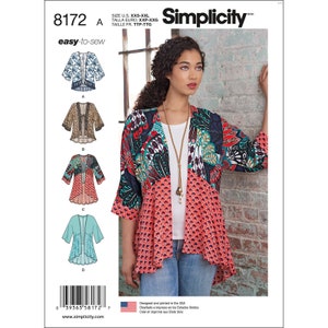 May include: Simplicity sewing pattern number 8172 for a women's kimono. The pattern includes four different styles: a blue and white kimono, a leopard print kimono, a pink and white kimono, and a red and green kimono. The pattern is easy to sew and includes instructions for sizes XXS-XXL.