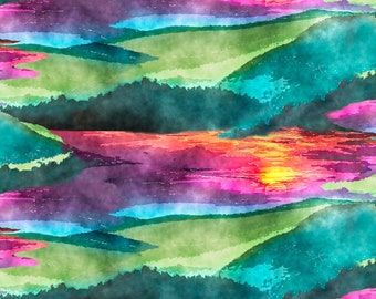 May include: A watercolor painting of a sunset over a landscape with rolling hills and a forest in the foreground. The sky is a vibrant mix of pink, purple, orange, and yellow, with clouds painted in a soft, hazy style. The hills are a mix of green and blue, with a hint of teal in the forest.