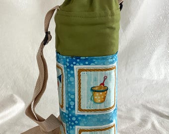Beachy or coastal fabric insulated bottle tote