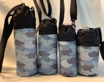 PREORDER Clouds blue black canvas Insulated tote for growlers, quart, 1.5 liter, and 16-25 oz. containers