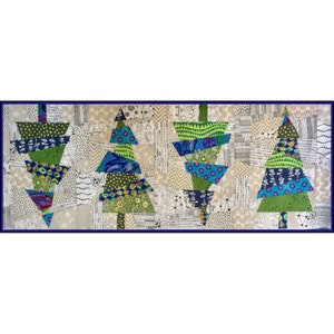 May include: A patchwork quilt with a design of three green, blue, and purple trees on a white background.