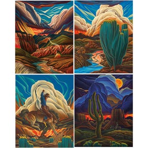 May include: Four-panel artwork depicting stylized desert landscapes. Each panel features vibrant colors, including blues, oranges, and browns, with depictions of canyons, cacti, and a cowboy riding a horse. The art style is reminiscent of a vintage travel poster.