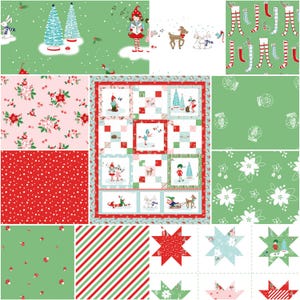 May include: A collection of Christmas-themed fabric patterns featuring illustrations of elves, reindeer, snow-covered trees, and poinsettias. The designs include red and white stripes, polka dots, and festive motifs in shades of green, red, and white.