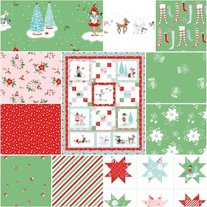 May include: A collection of 12 fabric squares featuring a winter holiday theme. The squares include images of elves, reindeer, snowmen, and Christmas trees. The fabrics are in shades of green, red, white, and blue.