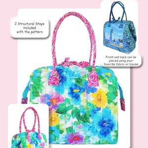 May include: A sewing pattern for a city bag, featuring a floral print fabric. The bag is 13 inches wide, 6 inches deep, and 12 inches tall when closed. The pattern includes two structural stays. The text "AUNTIES TWO PATTERNS CITY BAGS-MIDTOWN" is at the top of the image. The text "Copyright 2020 Pattern Number AT651" is at the bottom of the image.