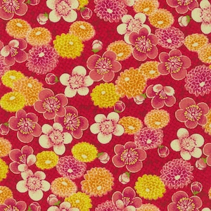 May include: A red fabric with a repeating pattern of pink, yellow, and white flowers. The flowers are stylized and have a vintage look.