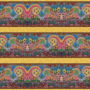 May include: A colorful, repeating pattern of intricate floral designs with blue, green, yellow, pink, and red accents. The pattern is set against a yellow background with small white dots.