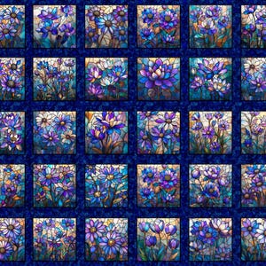 May include: A fabric panel featuring a repeating pattern of stained-glass style floral designs. Each square showcases a different arrangement of blue, purple, and white flowers against a teal and navy blue background. The overall effect is a mosaic of botanical art.