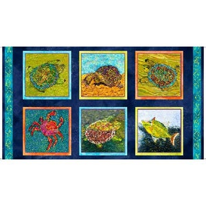 May include: A colorful fabric panel with six squares featuring images of sea turtles, a crab, and a fish. The squares are arranged in two rows of three. The background is a dark blue color.