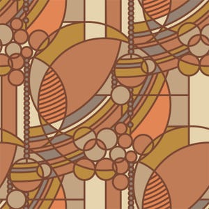 May include: Abstract geometric pattern in shades of orange, brown, and beige. The design features overlapping shapes, including circles, ovals, and curved lines, with beaded accents. The overall aesthetic is reminiscent of Art Deco.