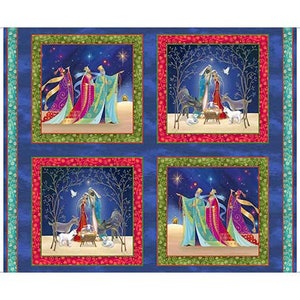 May include: A blue fabric with four squares featuring a nativity scene with the three wise men, Mary, Joseph, and baby Jesus. The squares are surrounded by a green and red border.