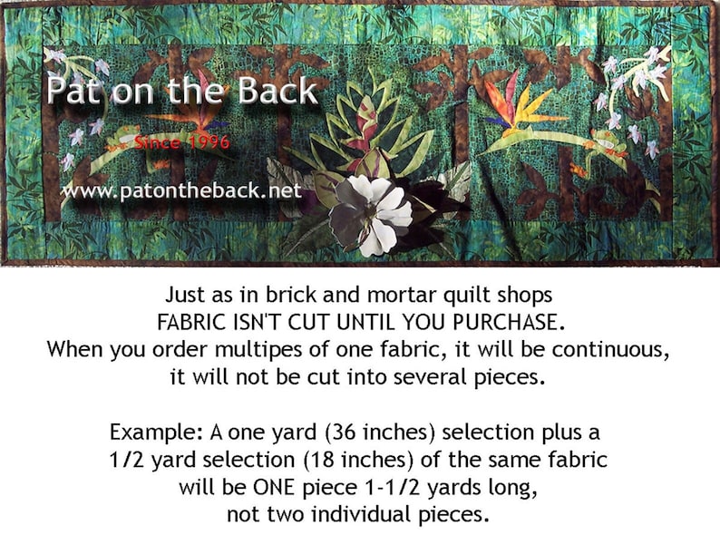 Puede incluir: Panel de tela decorativo con fondo verde y dise&ntilde;os florales y de hojas. Se muestra el texto "Pat on the Back" y "Since 1996". Tambi&eacute;n es visible la direcci&oacute;n del sitio web.