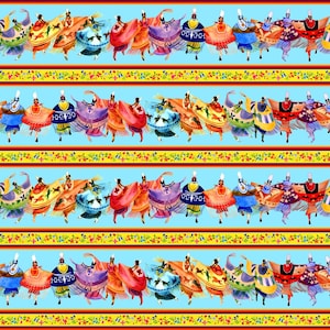 May include: A repeating pattern of colorful dancers in traditional clothing. The dancers are wearing bright colors and intricate patterns. The background is a light blue with yellow and red stripes.