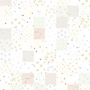 May include: A patchwork design featuring a variety of small, repeating patterns. The squares showcase floral, geometric, and abstract motifs in pastel colors like pink, blue, and yellow, set against a white background. The overall effect is delicate and whimsical.