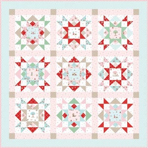 May include: A square quilt featuring a grid of nine star-shaped blocks. Each block contains a central square with small animal illustrations, surrounded by red, green, light blue, and brown checkered or patterned fabric triangles and squares.