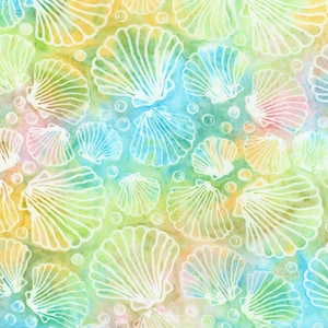 May include: Watercolor painting of seashells on a colorful background. The seashells are white and outlined in black. The background is a mix of blue, green, yellow, and pink.