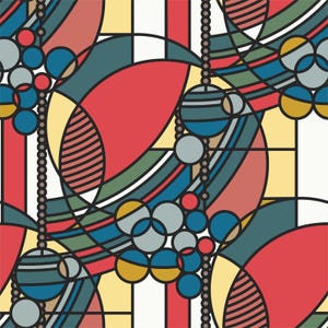 May include: Abstract geometric pattern with overlapping circles and curved lines in shades of red, blue, yellow, and green. The pattern is reminiscent of stained glass.