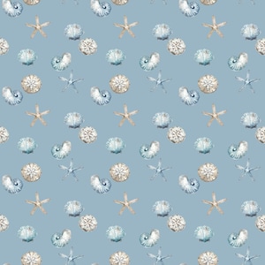 May include: A seamless pattern featuring watercolor illustrations of seashells, starfish, and sand dollars on a light blue background.