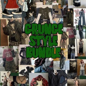 Pacchetto stile grunge alternativo: scatola di abiti personalizzati con strati audaci, magliette di band, plaid, catene e accessori, abiti dall'estetica dark.