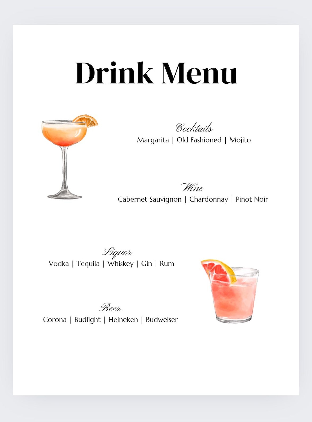 Printable Drink Menu Digital Template - Etsy