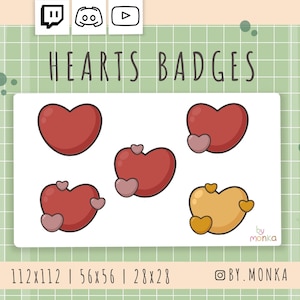 Cute Heart Twitch Badges – Kawaii Sub Badges for Streamers, Pink & Red Digital Love Icons, Cozy Stream Assets