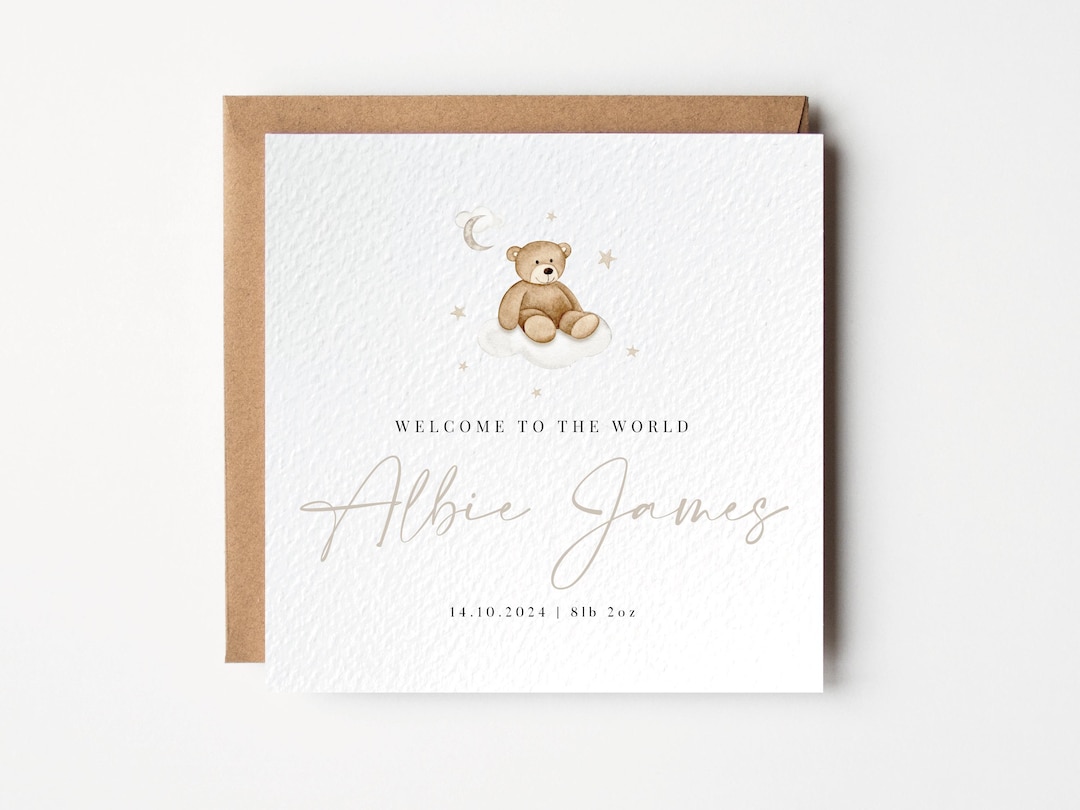 Welcome to the World Card, Personalised New Baby Card, Teddy Bear Card ...