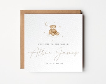 Welcome To The World Card, Personalised New Baby Card, Teddy Bear Card, Baby Bear Card, Baby Announcement, Beary Special Baby, Baby Boy Card