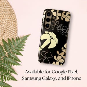 Hawaiian Puakenikeni flower phone case in black and yellow for Samsung Galaxy Google Pixel iPhone. Hawaiian style phone case perfect gift!