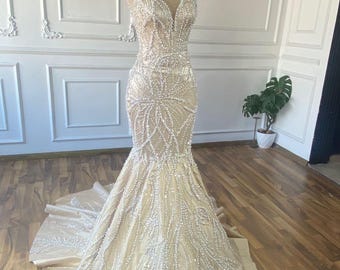 Vestido de novia de sirena con perlas de cristal, vestido de novia de encaje bordado