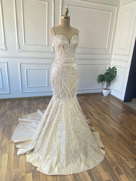 Crystal Pearl Mermaid Wedding Gown, Embroidered Lace Bridal Dress - Etsy  Israel