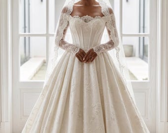 French Lace bridal , Crystal Pearl Wedding Dress, Modest Bridal Gown