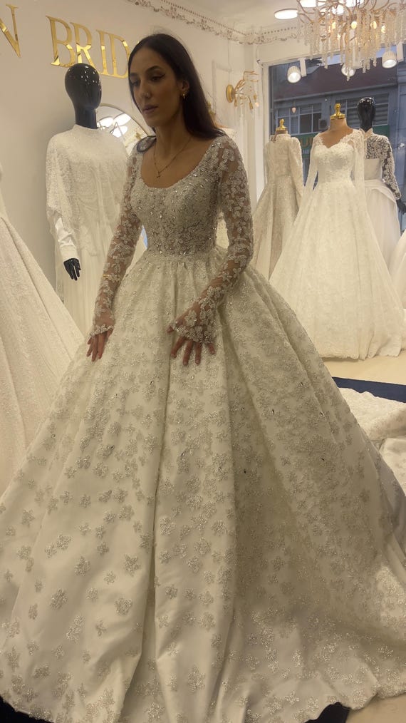 Luxury Embroidered Lace Wedding Dress, Crystal Swarovski Glitter Tulle
