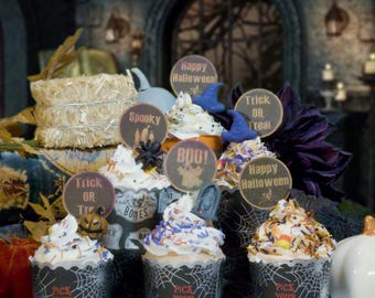 Fake bake, tier tray, Halloween, cup cake, holiday, spooky, trick or treat, boo, witch, grave stone, spider, bat, pumpkin, sprinkle, candy