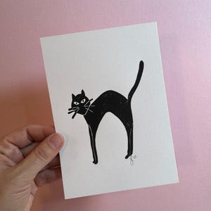 Black Cat Print | Block Print | Halloween | Spooky | Linocut | Original Art | Hand Carved | Hand Printed | Cat Art