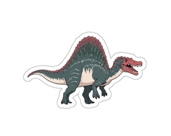 May include: A sticker featuring a cartoon Spinosaurus dinosaur. The dinosaur has a teal body, a red sail on its back, and a red head. The dinosaur is walking with its mouth open, revealing teeth.