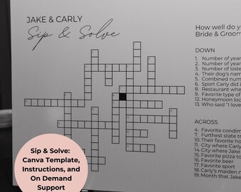 May include: A black and white crossword puzzle with the title "Sip & Solve" and the names "Jake & Carly". The puzzle has 19 clues, with 13 down clues and 6 across clues. The puzzle is on a white background.