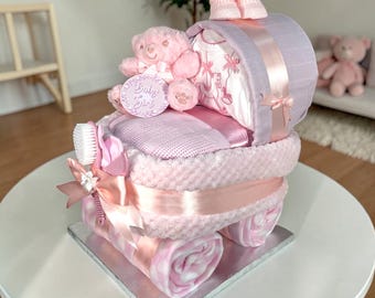 Baby Girl Pink Nappy Cake Pram Gift, Handmade Newborn Hamper, Baby Shower Centrepiece