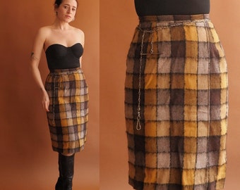 Vintage 50s Wool Windowpane Pencil Skirt/ 1950s Black Grey Yellow Plaid Skirt/ Size 25 Small
