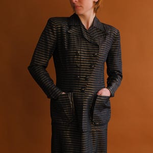 Vintage 40s Black and Gold Striped Skirt Suit/ 1940s Structured Blazer and Skirt/ Gold Lamé/ Size Small 25